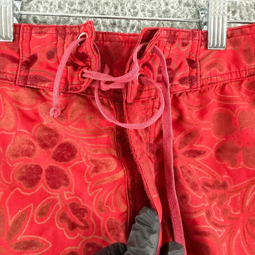 Vintage NSS‎ Board Shorts Mens 34 Red Floral Flocked Hibiscus Cargo Swim Trunks